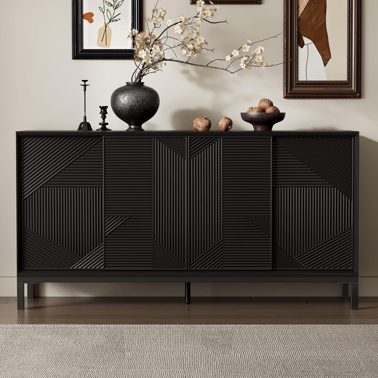 Merax Modern Geometric Accent Cabinet, Vertical Striped Design Sideboard Buffet with Two Drawers, Sliding Doors, Wood Veneer Top, Minimalist Storage Cabinet for Study, Entryway and Living Room, Black