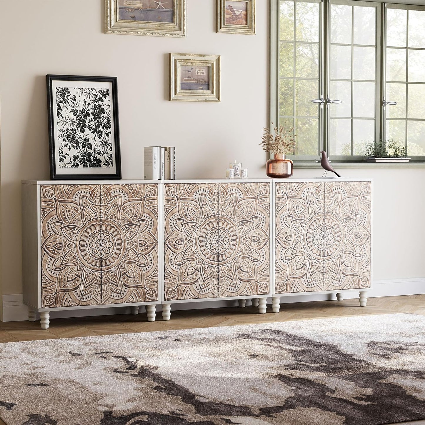 COSIEST Set of 3 32" Accent Storage Cabinets, Vintage Lotus Pattern Sideboards with Push-to-Open Doors, Carved Wood Buffet Table for Entryway, Kitchen, Living Room, Gray