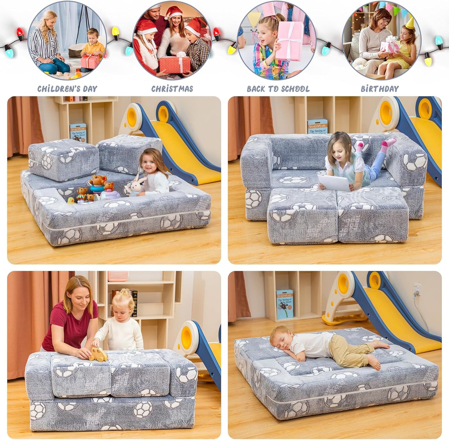 Lamerge Toddler Couch Glow in The Dark Toddler Fold Out Couch for playroom, Convertible Baby Fold Out Play Foam and Floor Cushion for Bedroom (Grey+Football)