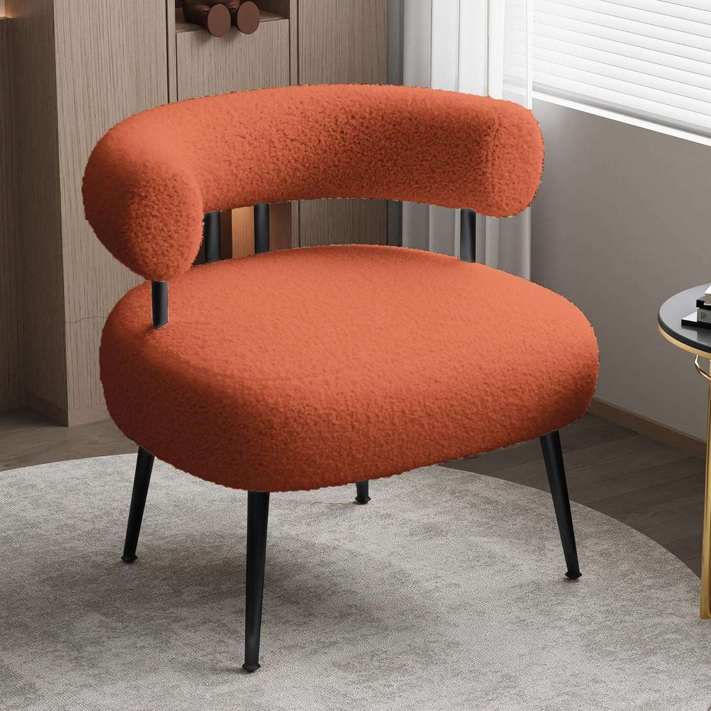 Mid Century Sherpa Boucle Accent Chair, Round Upholstered Barrel Arm Chair for Small Spaces, Fluffy Side Corner Sofa Chair for Living Room, Bedroom, Vanity, Office, Reading Nook（Orange）