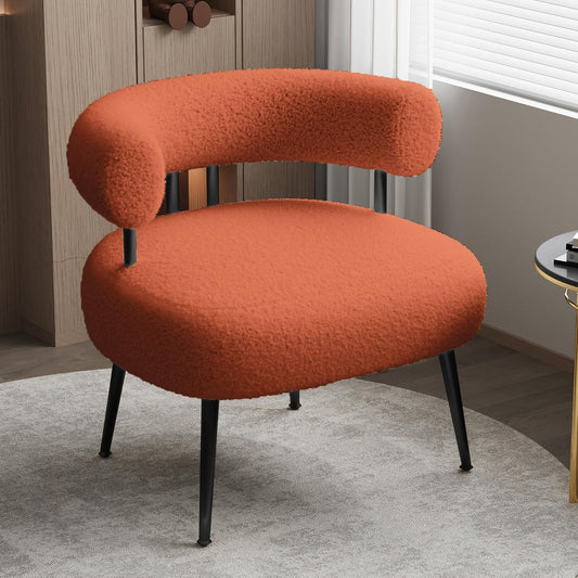 Mid Century Sherpa Boucle Accent Chair, Round Upholstered Barrel Arm Chair for Small Spaces, Fluffy Side Corner Sofa Chair for Living Room, Bedroom, Vanity, Office, Reading Nook（Orange）