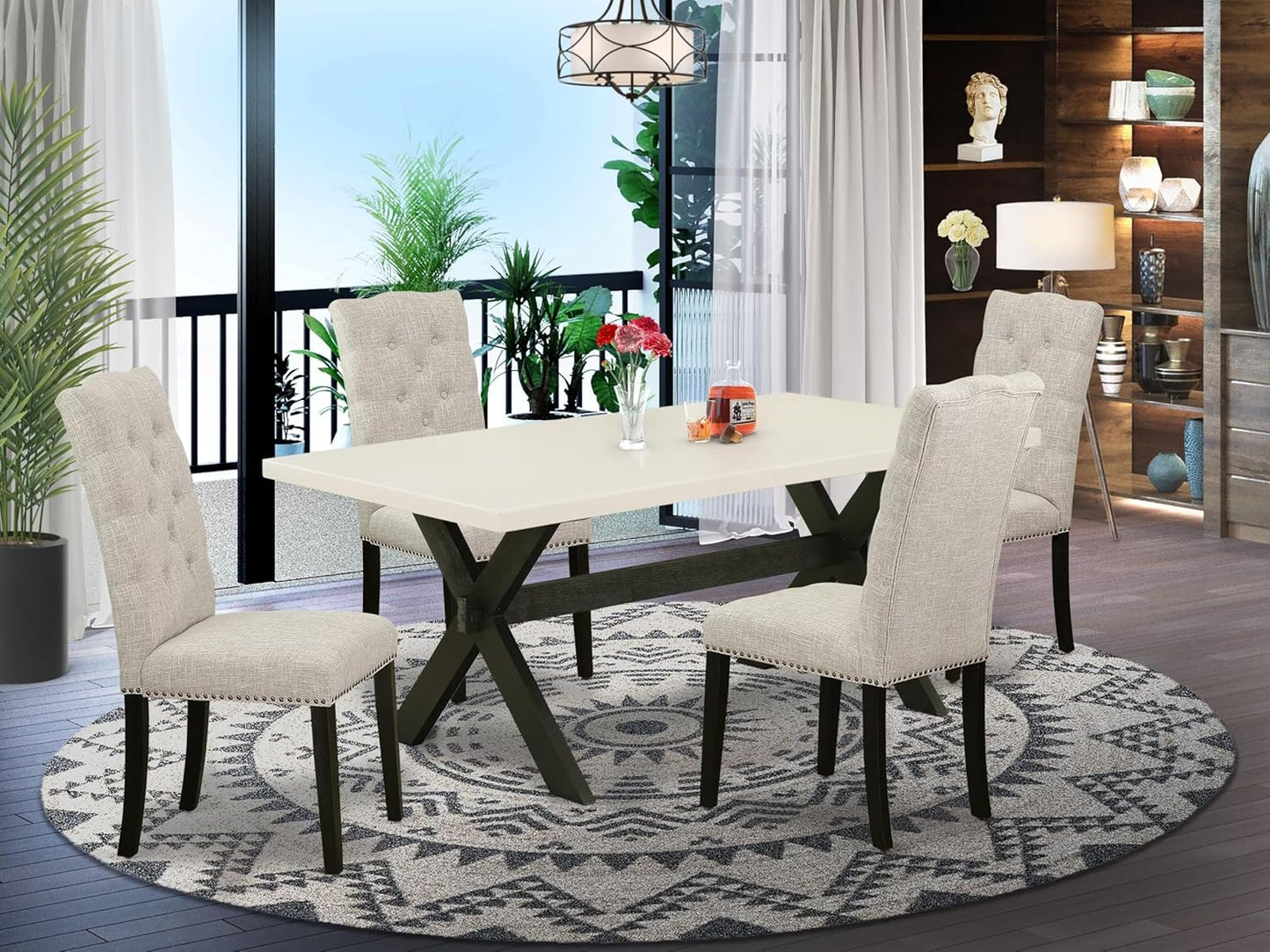 East West Furniture X627EL635-5 5 Piece Dining Room Table Set Includes a Rectangle Dining Table with X-Legs and 4 Doeskin Linen Fabric Upholstered Chairs, 40x72 Inch, Multi-Color