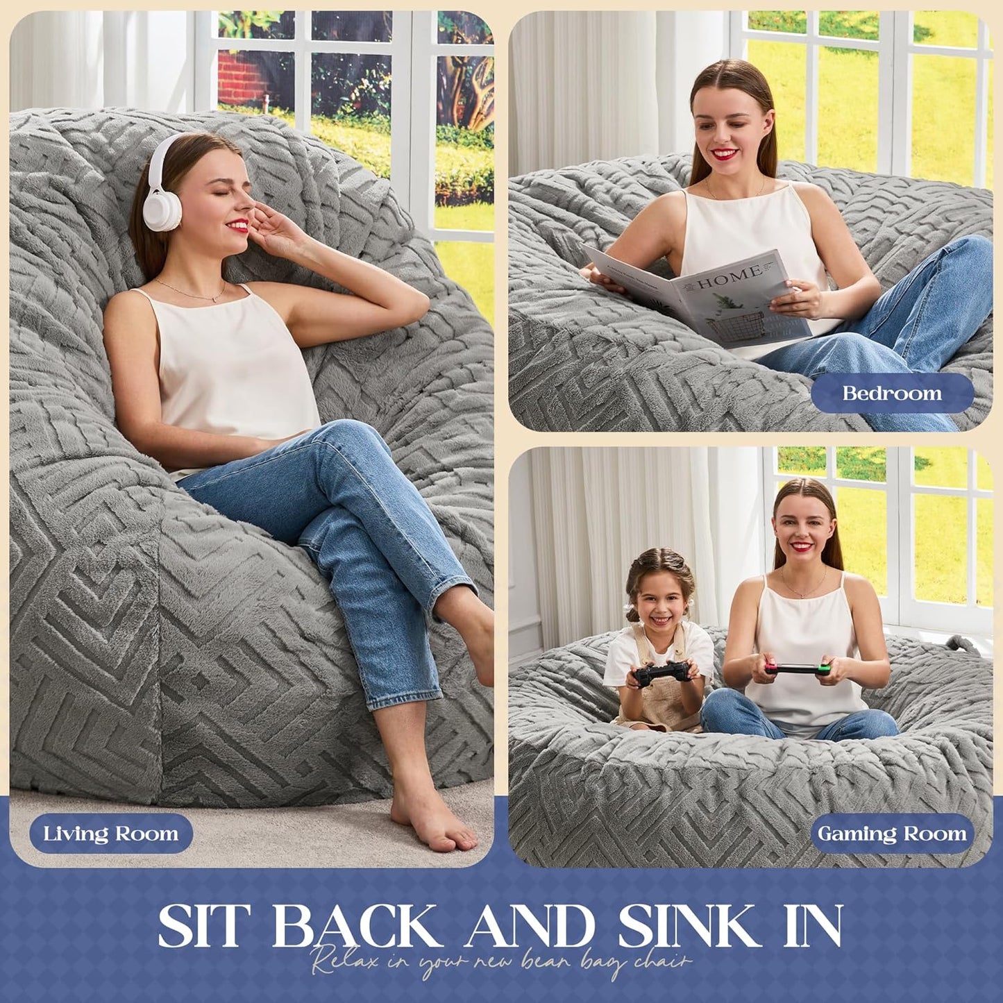 Hobestluk Bean Bag Chairs Adults Beanbag Chair with Filler Large Bean Bags with Fluffy Embossed Cover, Giant Bean Bag Chairs for Adults (Grey, 5FT - 50” x 50” x 24”)