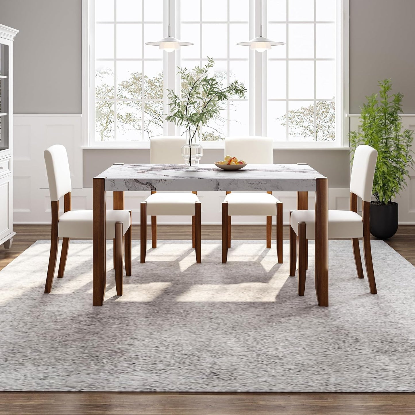 Ball & Cast 5 Piece Dining Table Set with 4 Upholstered Chairs,Wooden Living Room Furniture W/ 46" Faux Marble Style Desk,for Restaurant,Home Bistro,Off White