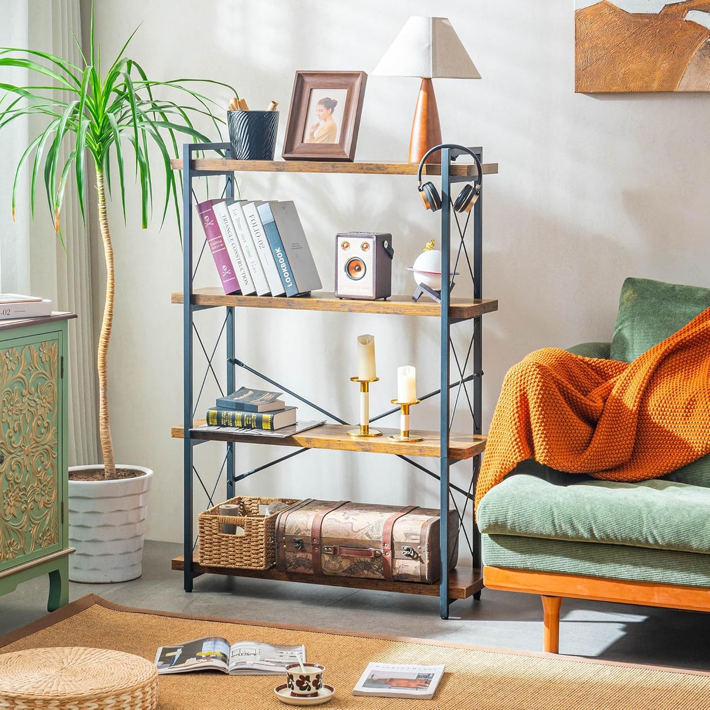 Bookshelf, 4 Tier Bookshelf, Tall Bookcase for Living Room, Home Office and Kitchen