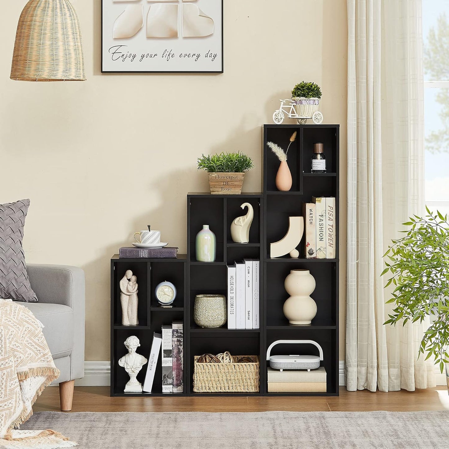 VECELO Small Bookshelf, 3 Cube Shelf, Fits Tallest Hardcovers, Horizontal Available, Modern Storage Organzier for Small Spaces, Matte Black