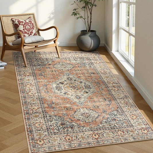 Lahome Oriental Washable Rugs for Living Room, 4x6 Bedroom Area Rug Ultra-Thin Soft Non Slip Stain Resistant Vintage Throw Carpet for ‎Office Dining Room, Peach/Orange