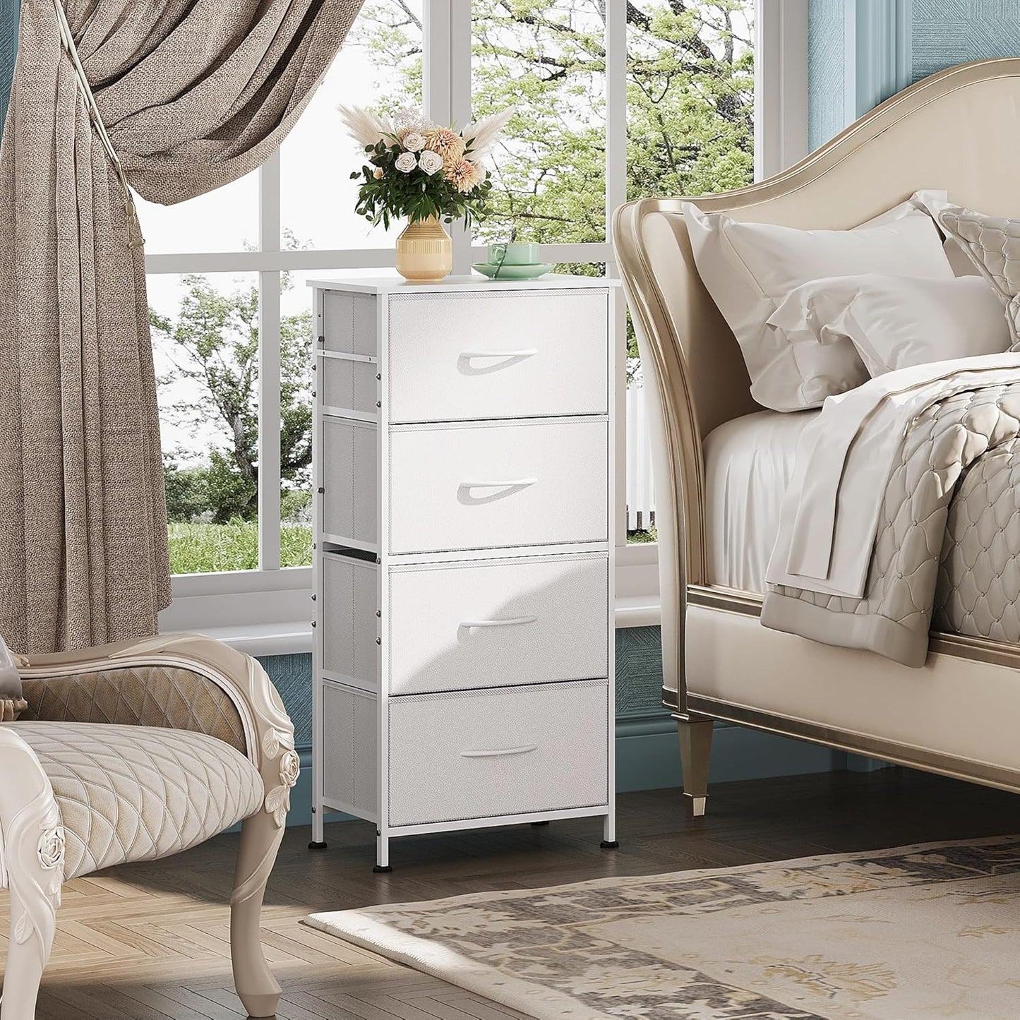 WLIVE Dresser with 4 Drawers, Storage Tower, Organizer Unit, Fabric Dresser for Bedroom, Hallway, Entryway, Closets, Sturdy Steel Frame, Wood Top, Easy Pull Handle, White