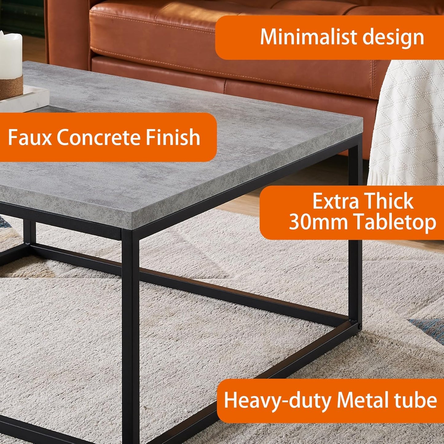 CENSI 30"x30" Square Concrete Accent Coffee Table Ottoman for Living Room, Modern Industrial Style, 1.2" Extra Thick Tabletop (Faux Concrete)