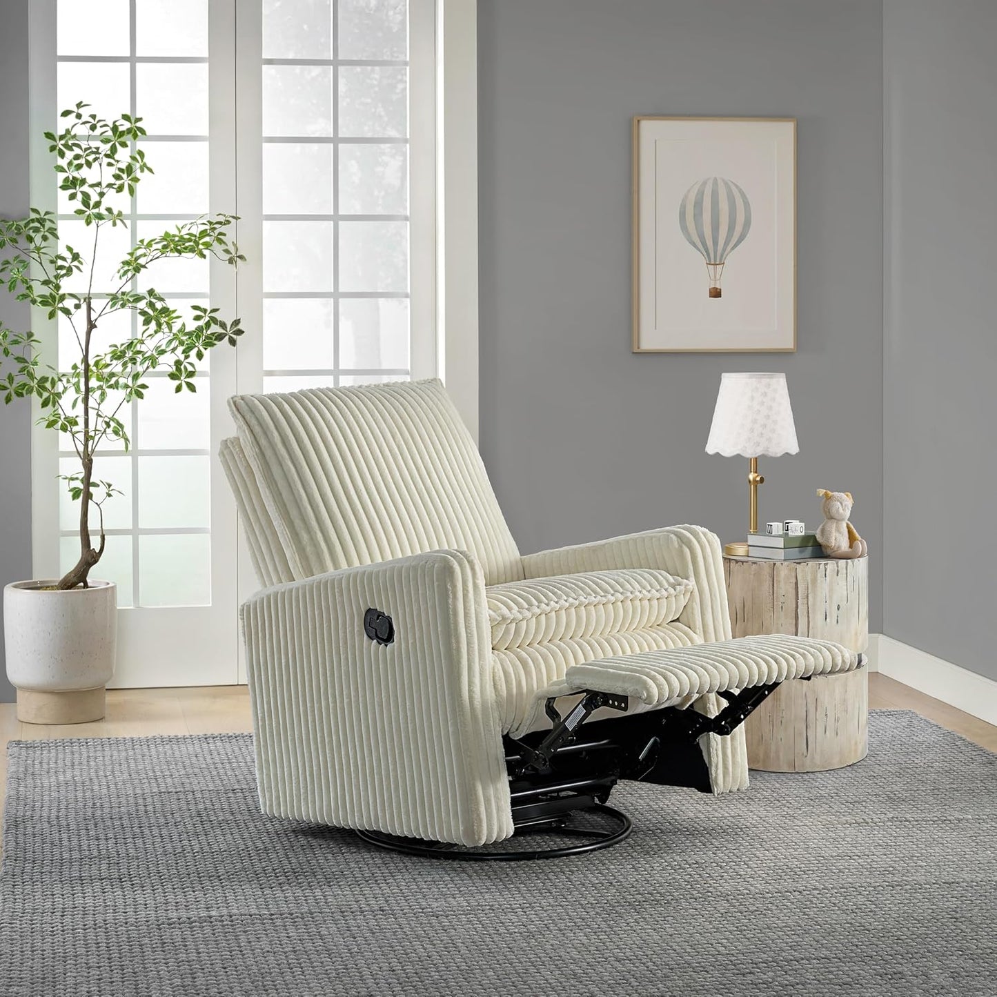 Oxford Baby Uptown Upholstered Swivel Glider and Recliner Nursery Chair - Corduroy, Pearl White