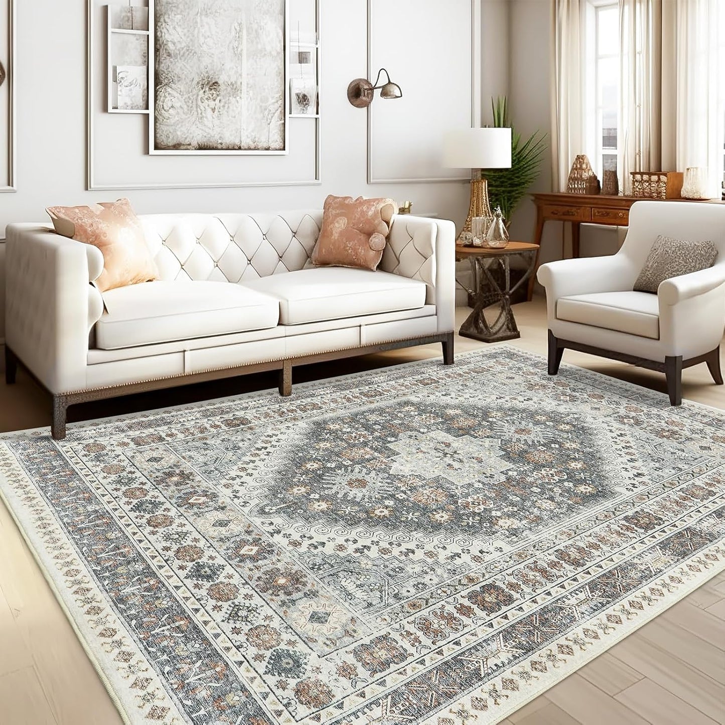 zesthome 8x10 Area Rugs for Living Room,Non-Slip Backing Washable Rugs,Vintage Large Area Rug，Stain Resistant Home Decor Rug (Grey/Orange,8'x10')