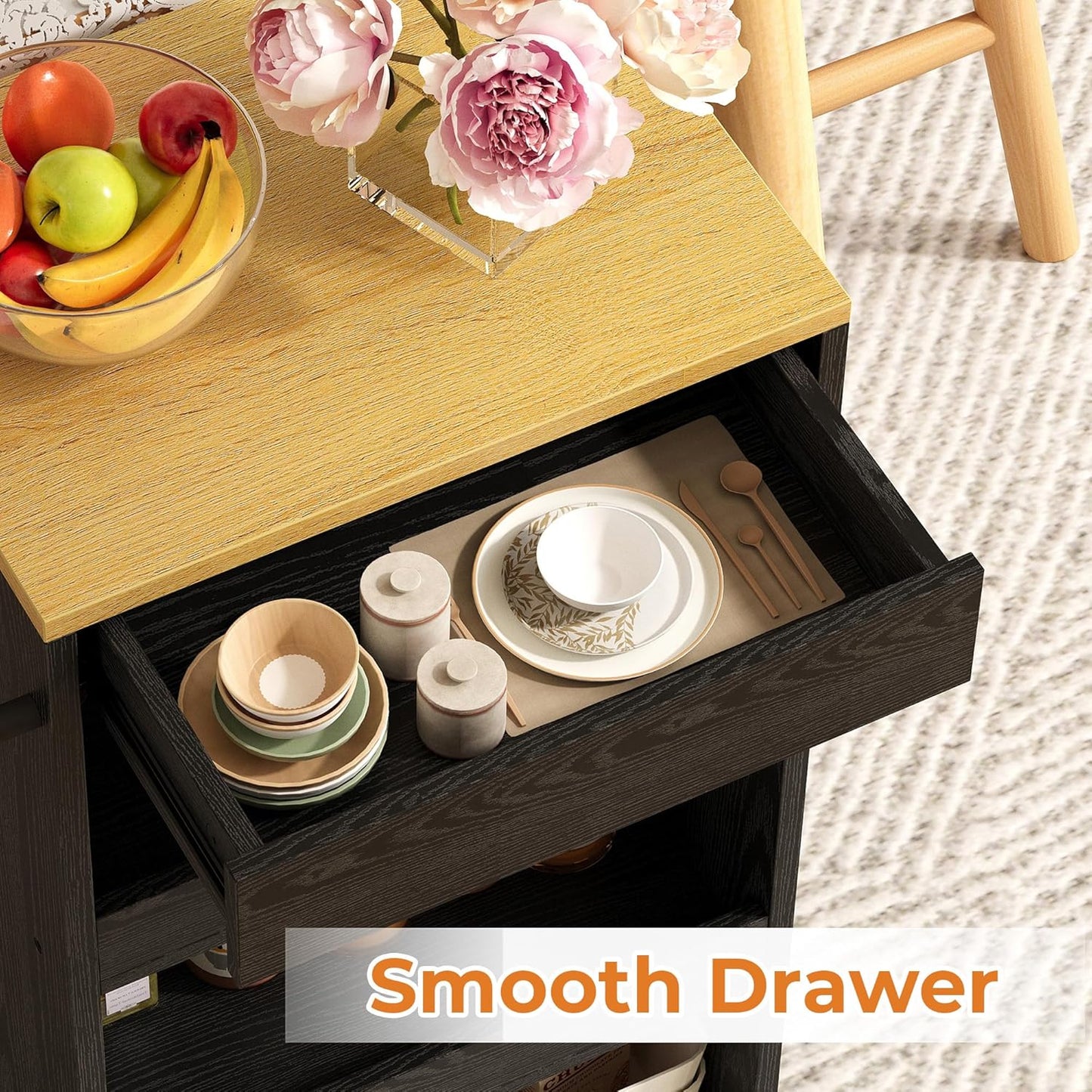 IRONCK Wood Storage Cart, 4 Tier Rolling Kitchen Cart on Wheels, Slide Out Utility Cart, Organizer Trolley with Handle, Drawer for Kitchen, Laundry, Bathroom, Black