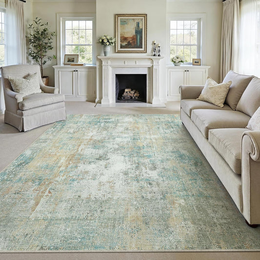 9x12 Area Rug Teal Beige Modern Neutral Abstract Living Room Bedroom Indoor Floor Carpet Low Pile Soft Non-Slip Lightweight Vacuumable Washable Large Throw Rug for Nursery Dining Room