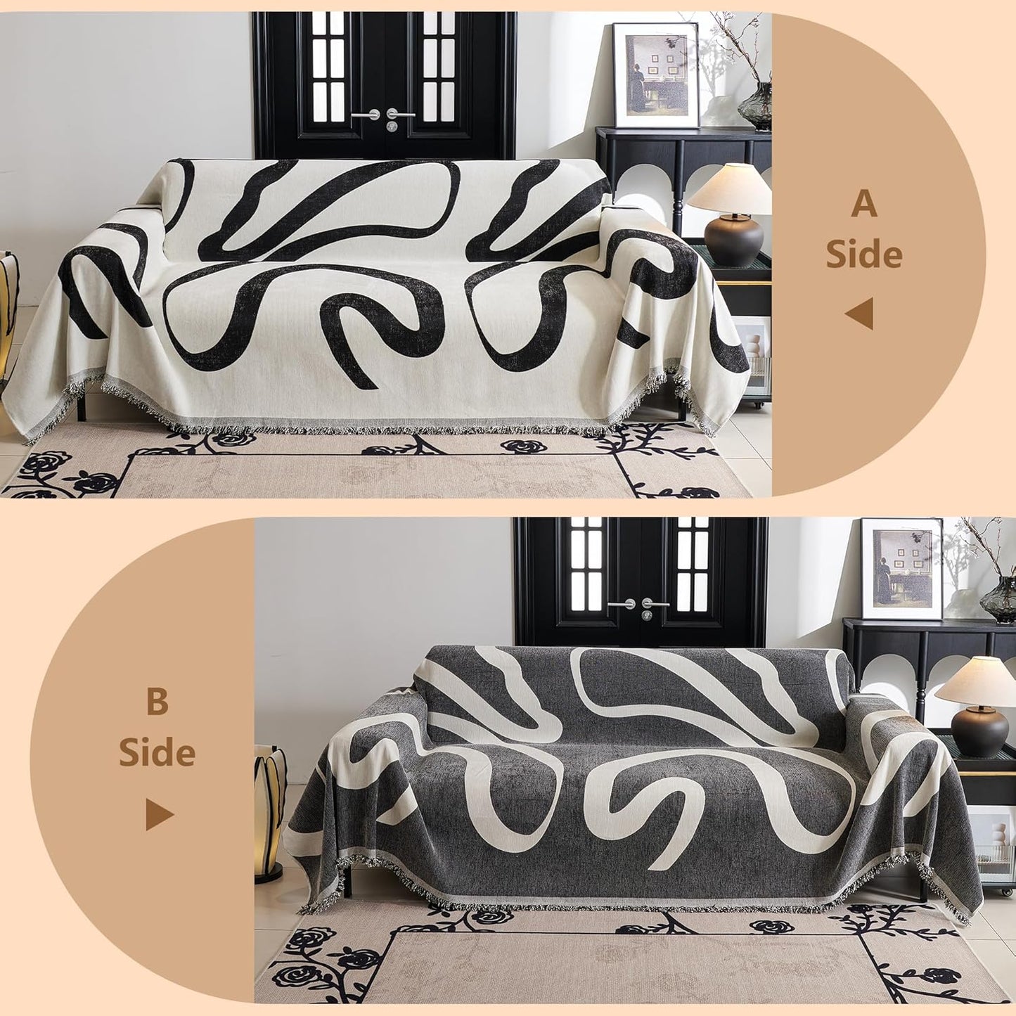 MYSKY HOME Couch Cover for 3 Cushion Couch Sofa Cover, Super Soft Boho Couch Covers for Dogs Washable, Jacquard Sofa Slipcover Furniture Protector for Living Room, 91" x 118", Black Curve