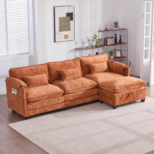 Ball & Cast 109" Oversized Sectional Sofa,Comfy Cloud Couch W/Movable Storage Ottoman,L Shaped Sectional Sofa W/USB Charging Port,Phone Holder&Side Pocke,Chenille Fabric,for Living Room,Orange
