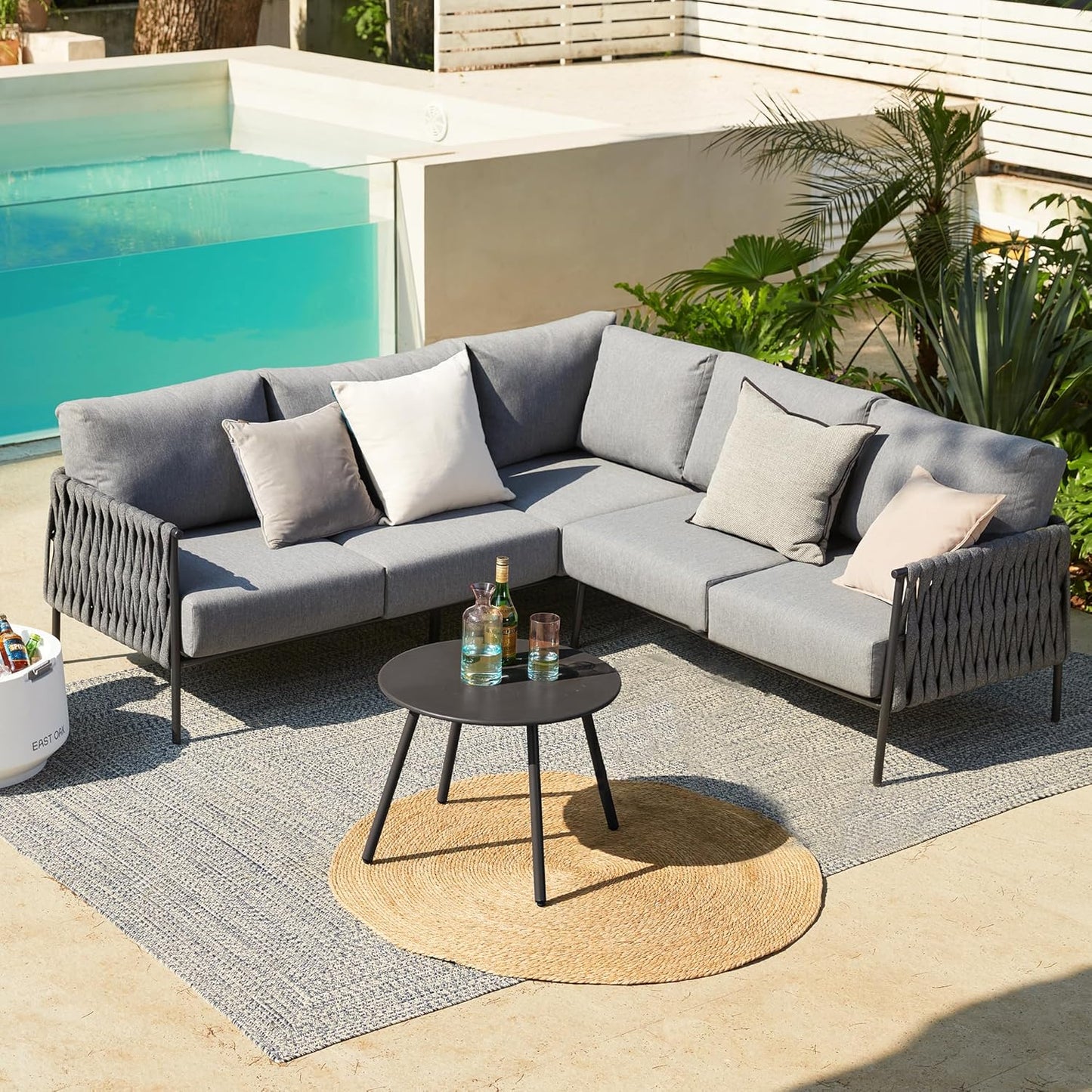 EAST OAK Life Chatter Patio Furniture Set, Outdoor Furniture Corner Sofa Set with Round Coffee Table, 5 Seats Sofa Deep Seating with Thick & Washable Cushions, Earth Black & Misty Grey