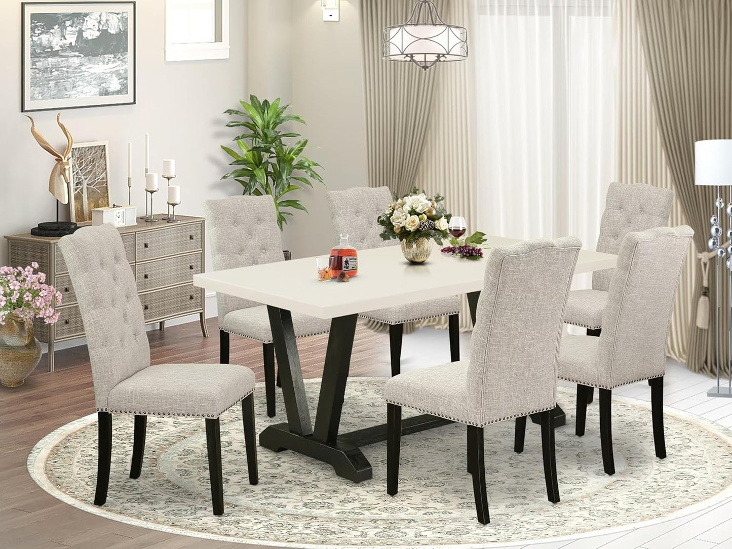 East West Furniture V627EL635-7 7 Piece Kitchen Table Set Consist of a Rectangle Dining Table with V-Legs and 6 Doeskin Linen Fabric Parson Dining Room Chairs, 40x72 Inch, Multi-Color