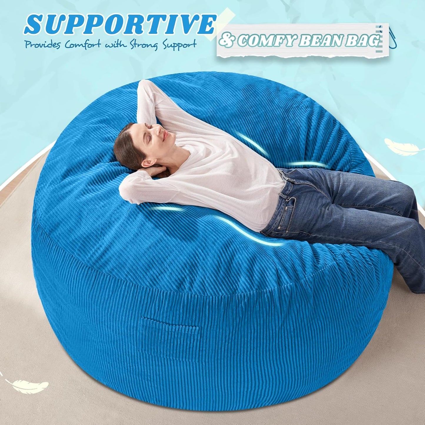HABUTWAY 4FT Bean Bag Chair,Giant Bean Bag Chairs for Adults,Big Bean Bags with Memory Foam Filled, Large Beanbag Chairs with Soft Corduroy Cover-Blue