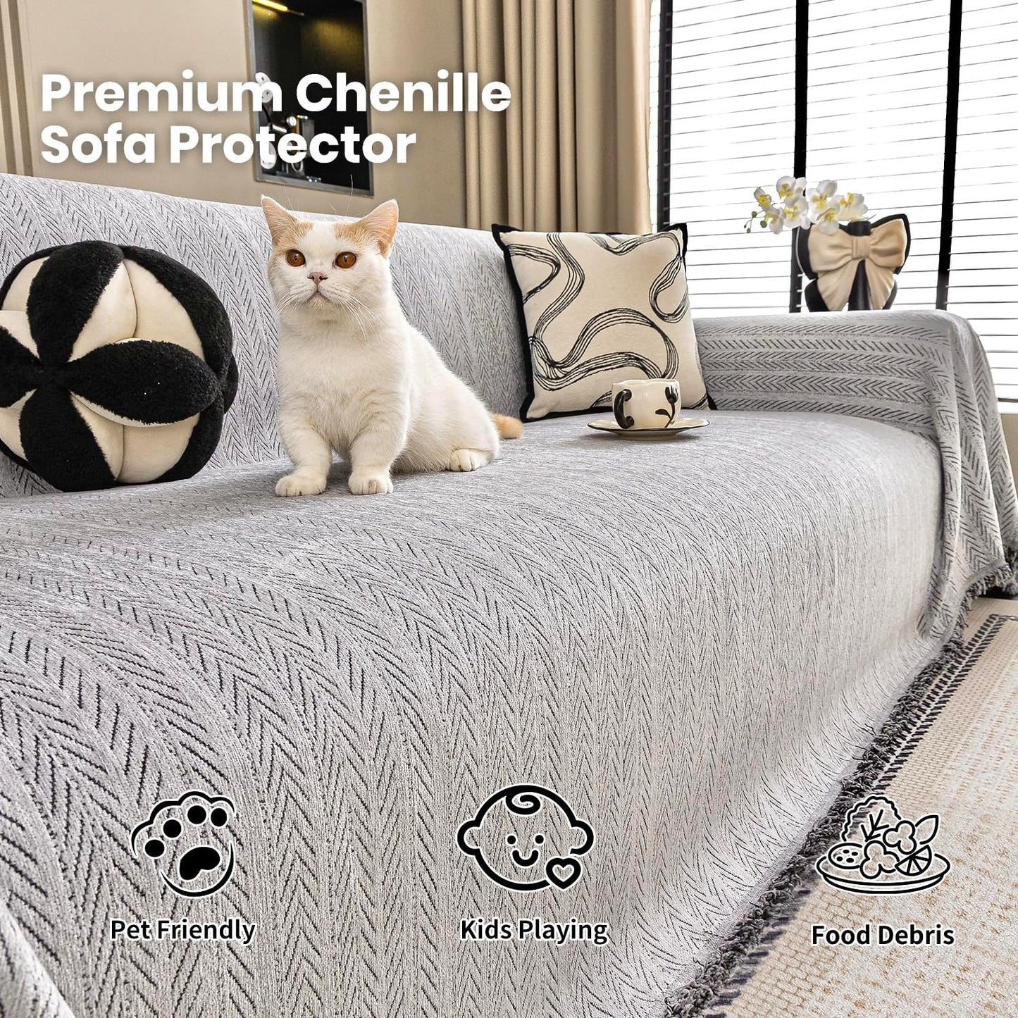 Nobildonna Sofa Cover Washable Soft Thicken Chenille Couch Cover with Tassel,Waterproof Sofa Slipcover for 2-3 Cushion Couch,Sectional Sofa,L-Shaped Furniture Protector Pet-Friendly,Gray 71"x118"