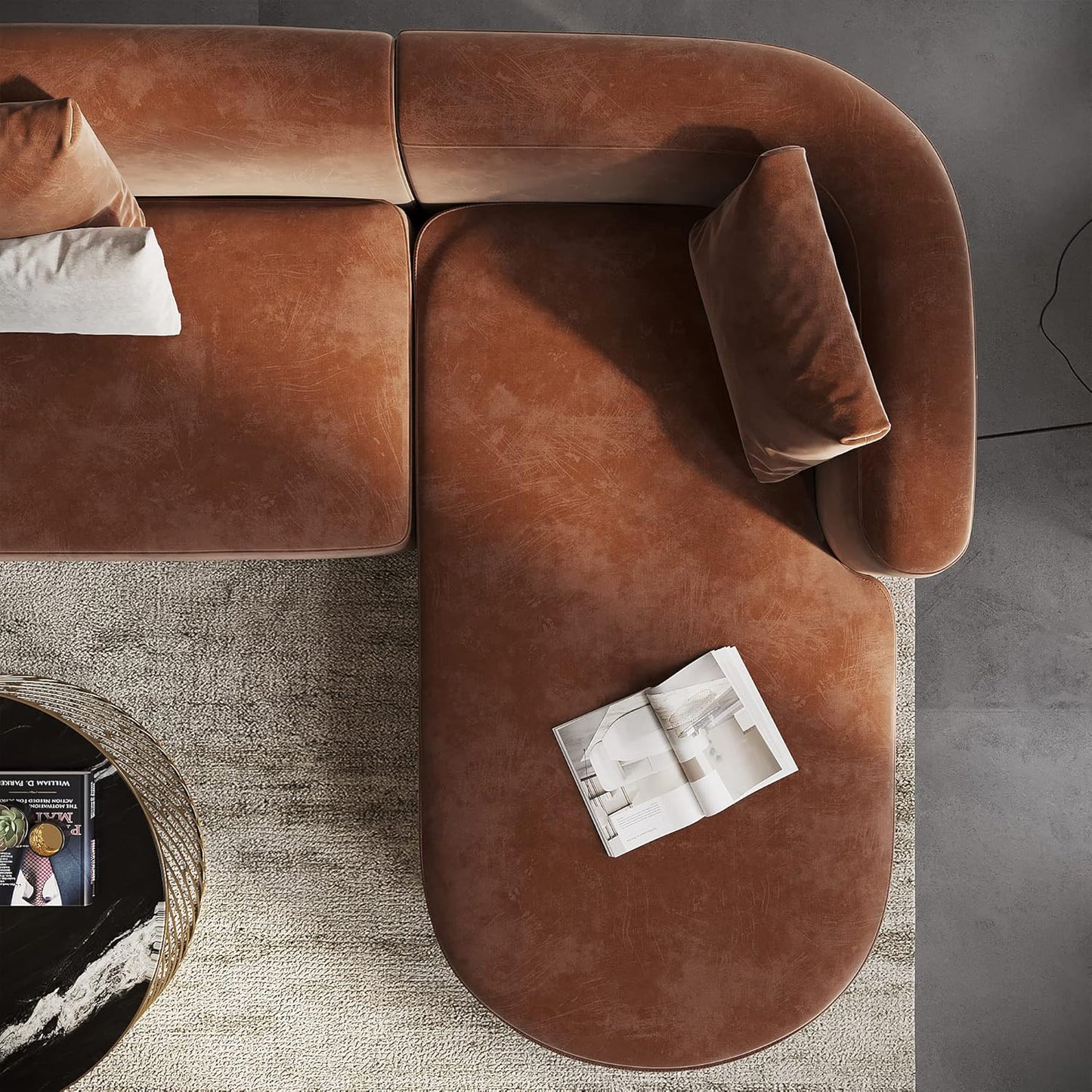 Acanva Luxury Modern Tight Curved Back Velvet Sofa, Minimalist Style Comfy Couch for Living Room Apartment, L-Shape Right Chaise, Tangerine