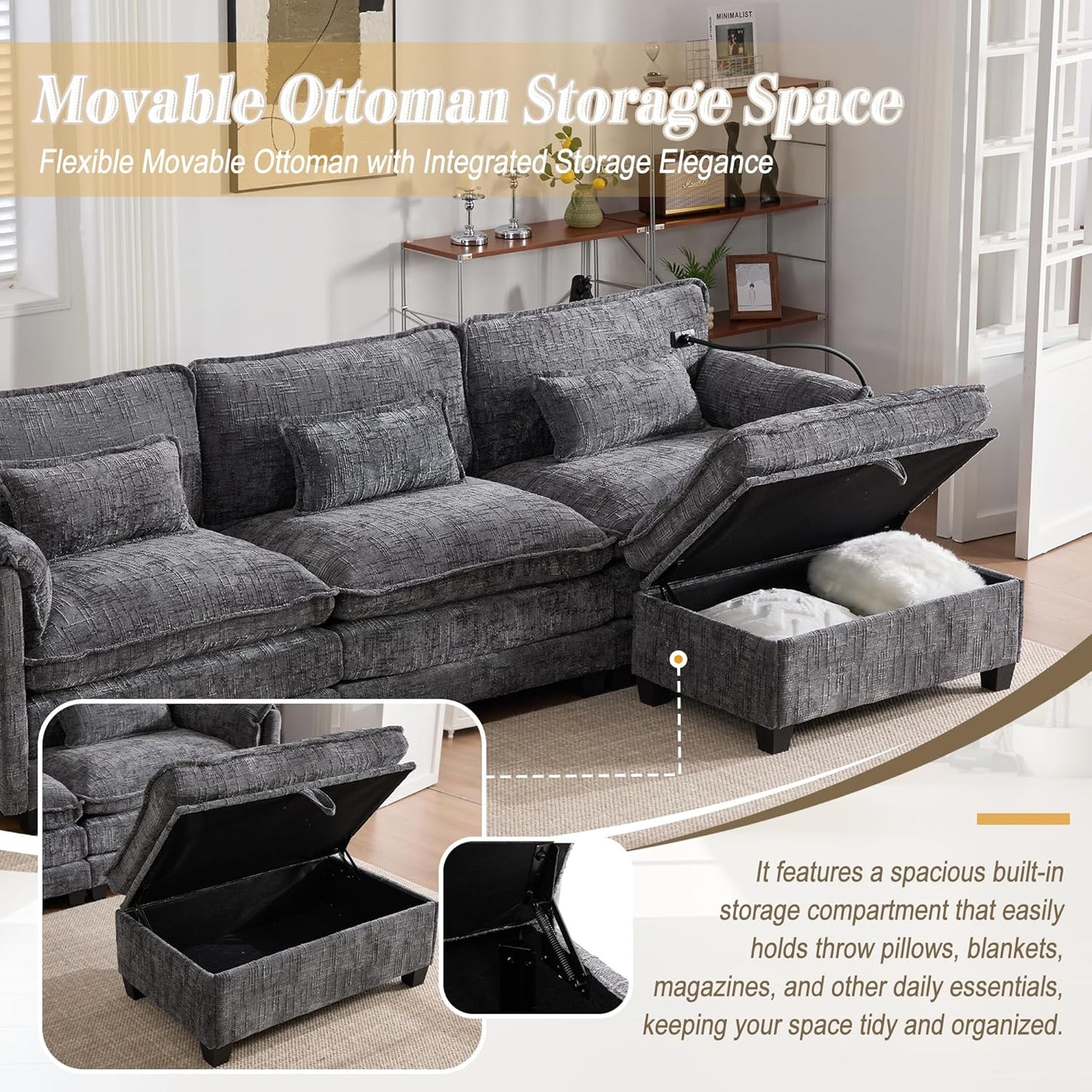 Ball & Cast 109" Oversized Sectional Sofa,Comfy Cloud Couch W/Movable Storage Ottoman,L Shaped Sectional Sofa W/USB Charging Port,Phone Holder&Side Pocke,Chenille Fabric,for Living Room,Gray