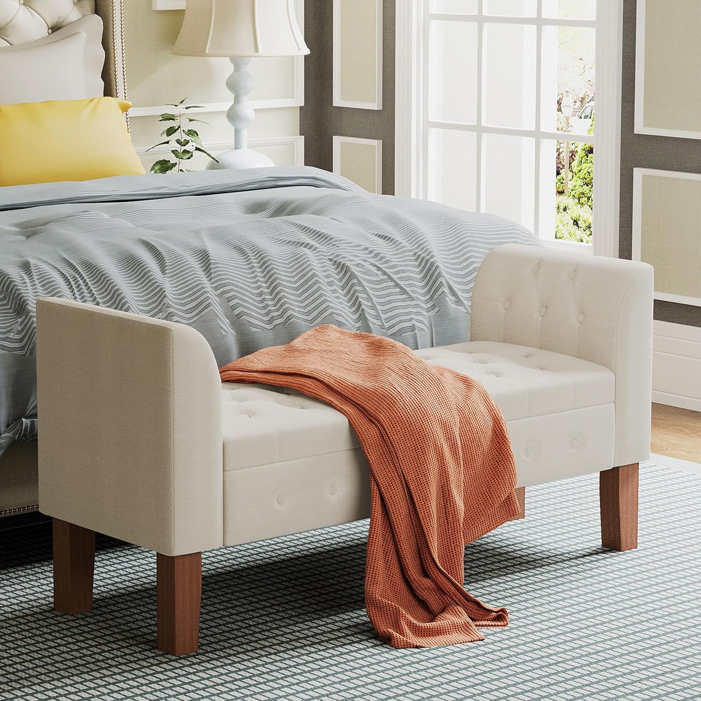 Awonde Storage Bench for Bedroom End of Bed Button Tufted Upholstered Bench Storage Ottoman Bench with Arms 52" Settee Bench Ivory Linen