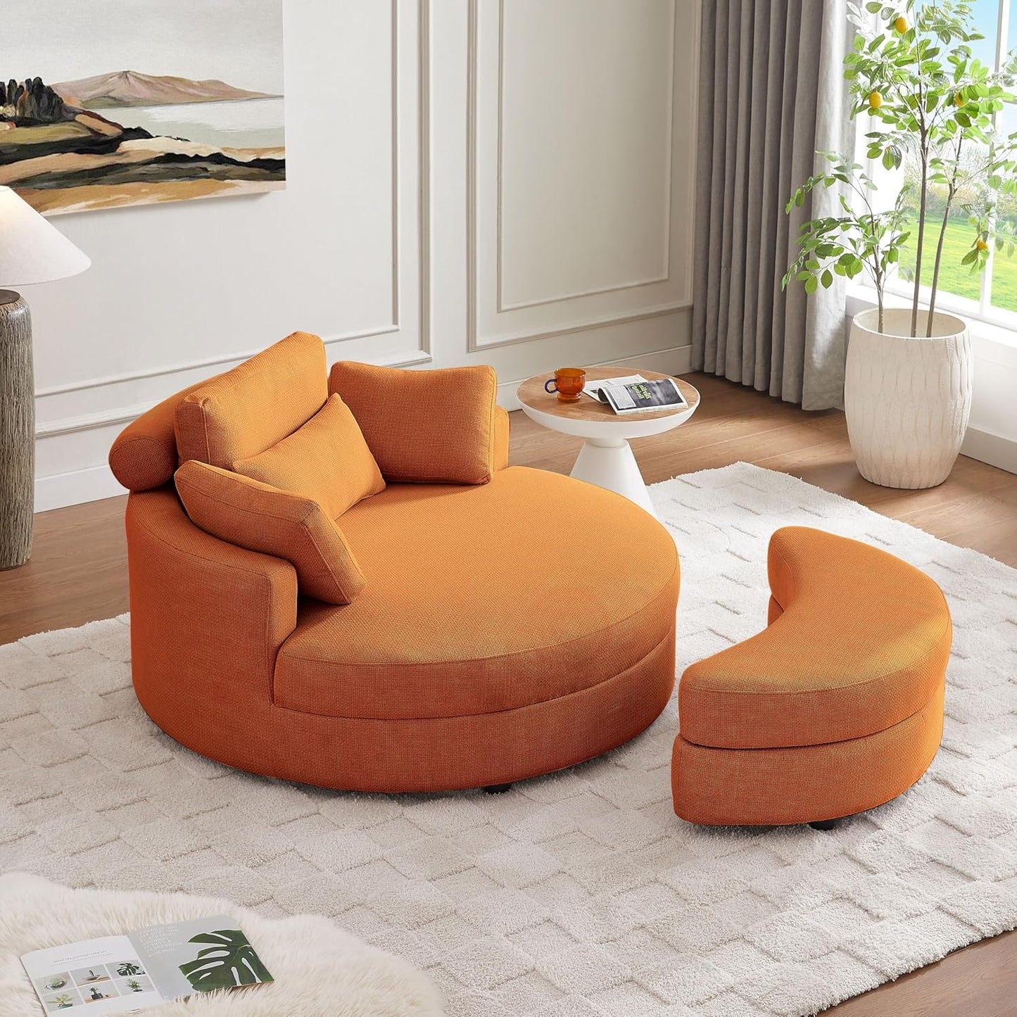 51.2'' Oversized Barrel Armchair with Storage Ottoman，Round Single Reading Upholstered Chairs,Recliner Sofa Chaise with 4 Movable Pillows for Living Room(Orange+Linen)