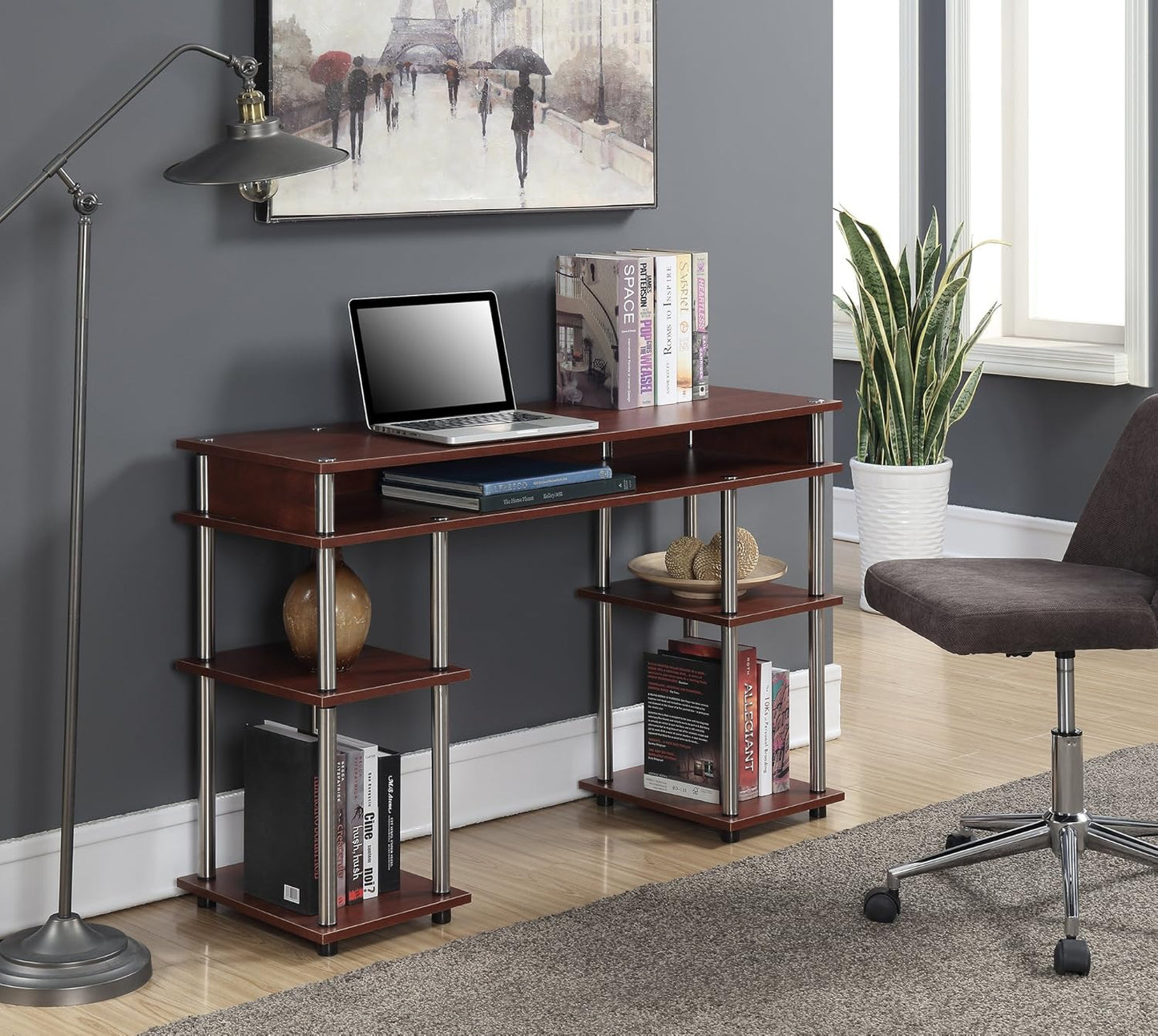 Convenience Concepts Designs2Go No Tools Desk Home Office Desk with Shelves, Corner Shelf Vanity Desk Computer Desk Nail Table for Nail Tech - 47.25" L x 15.75" W x 30" H, Cherry