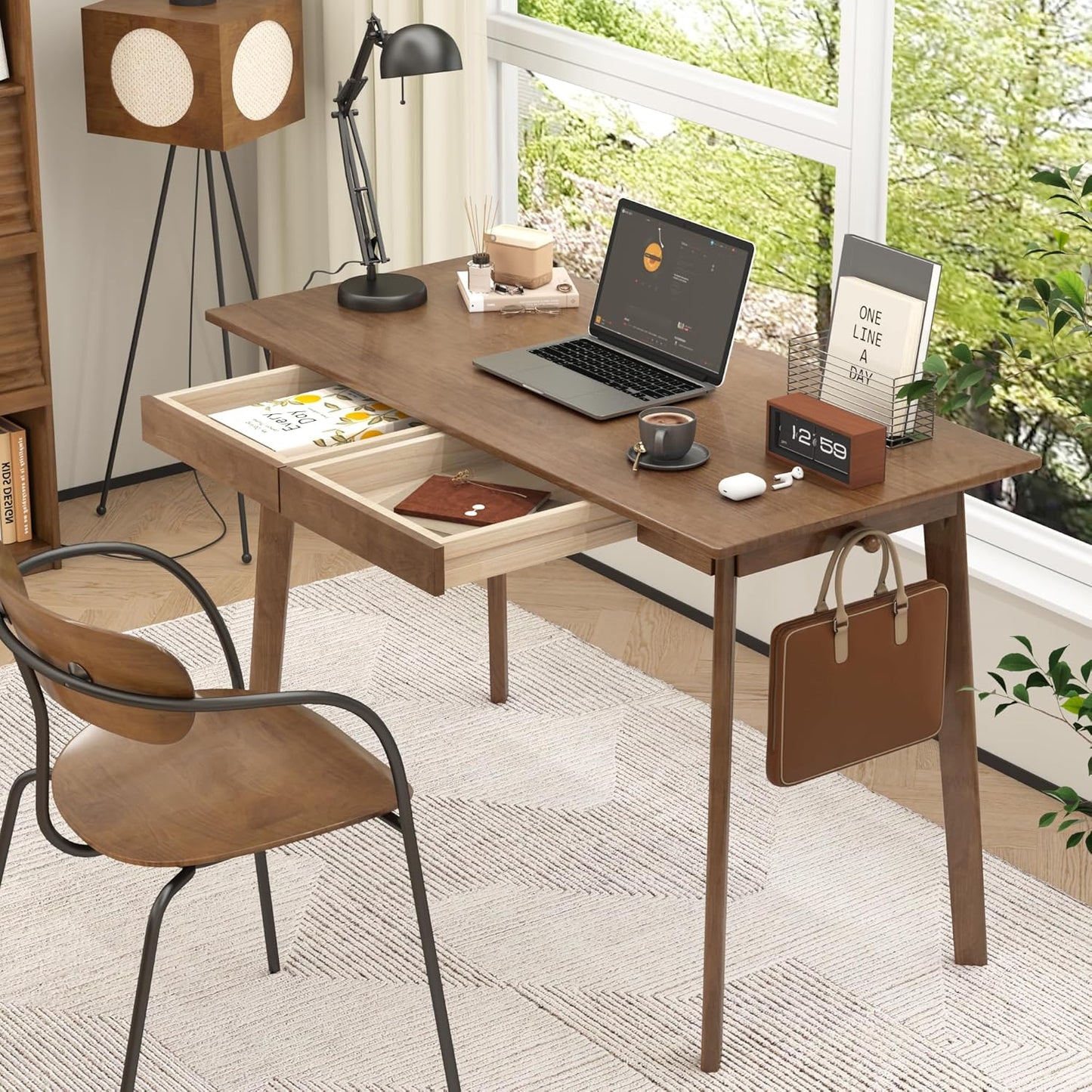 Solid Wood Desk with Drawers - 48 Inch Mid Century Modern Desk, Vintage Desks with 2 Hooks, Simple Writing Study Table, Mid Century Desks for Bedroom, Living Room & Office, Walnut Color