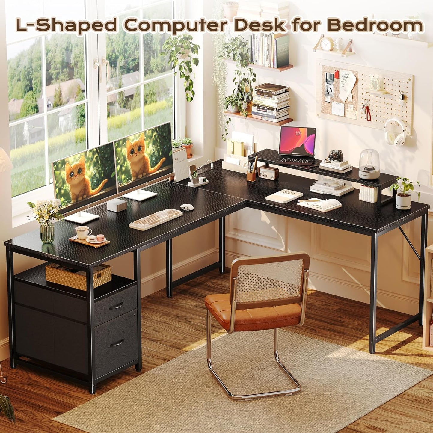 PRAISUN 63 Inch L Shaped Desk with Power Outlets and USB-C Port, Computer Corner Home Office Desk with File Fabric Drawers and Movable Monitor Stand, Larger Storage, Gaming, Writing, Work, Black