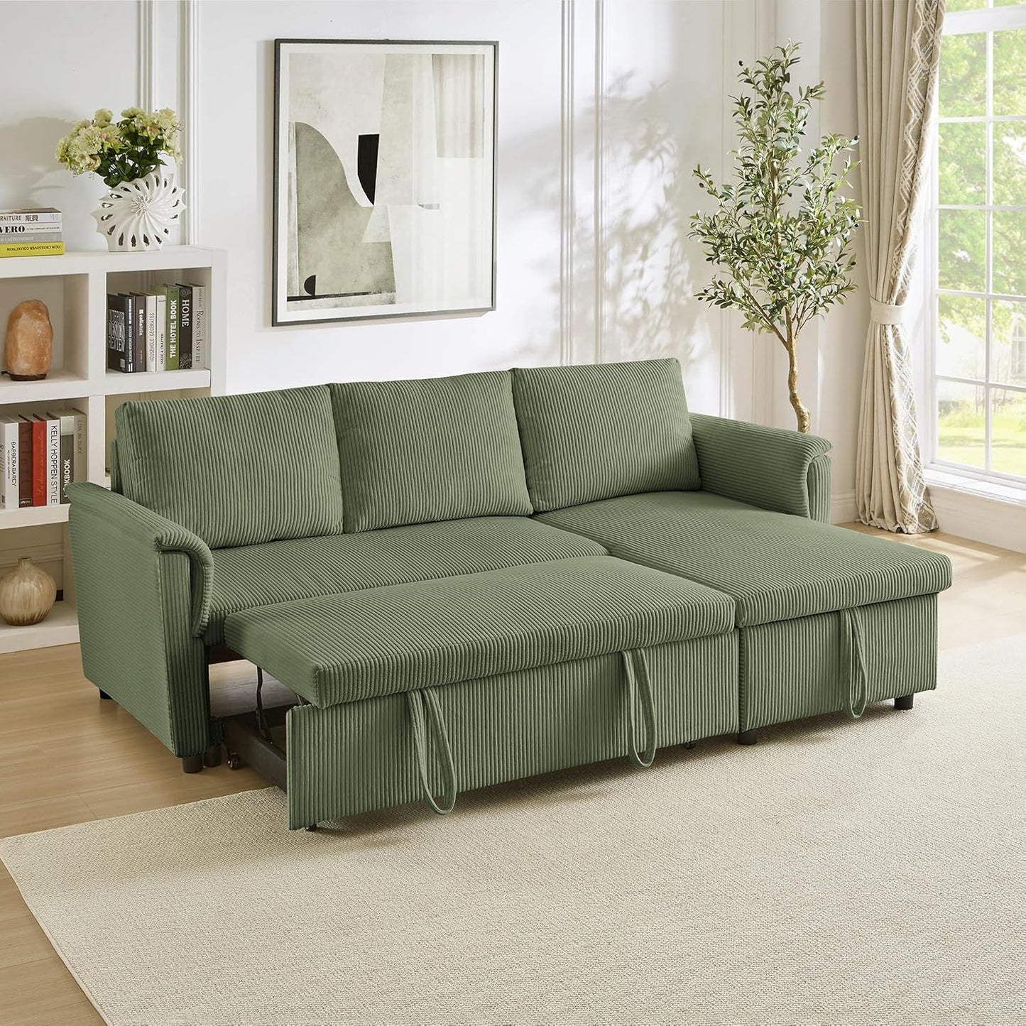 Ball & Cast Reversible Sectional Sofa Couch,L-Shape Sleeper Sofa Bed with Storage Chaise Pull Out Couch for Living Room | Hidden Storage | Pull Out Bed | Removable Backrest | Corduroy Fabric,Green