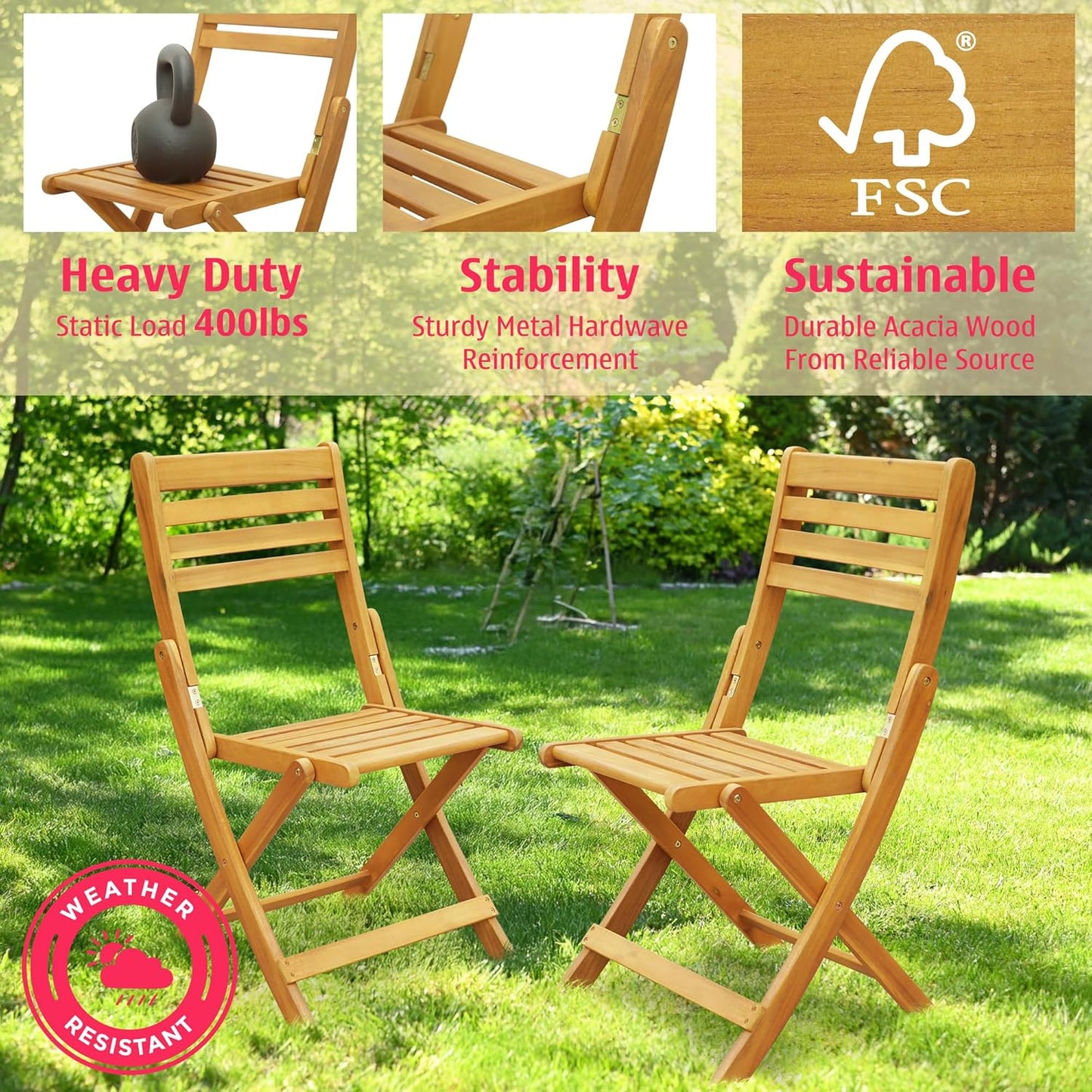 Tranquillo Anya Acacia Wood Folding Chairs Set of 2 – 400lbs Capacity, No Assembly Needed, Indoor & Outdoor Wooden Foldable Dining Chairs, Space-Saving & Portable Design for Home & Events