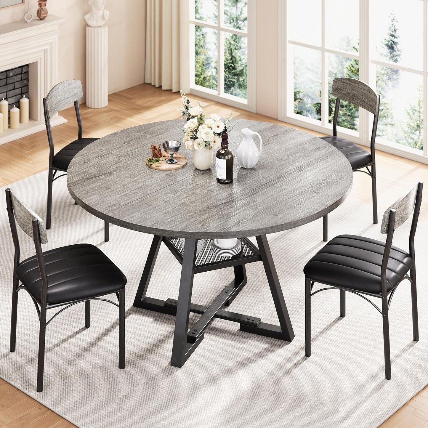 Round Dining Table Set for 4, Kitchen Table and Chairs for 4, Circle Table Round Pedestal Dining Room Dinner Dinette Table Set,5 Piece Space Saving Wood Kitchen & Dining Room Tables (Grey, 47In)