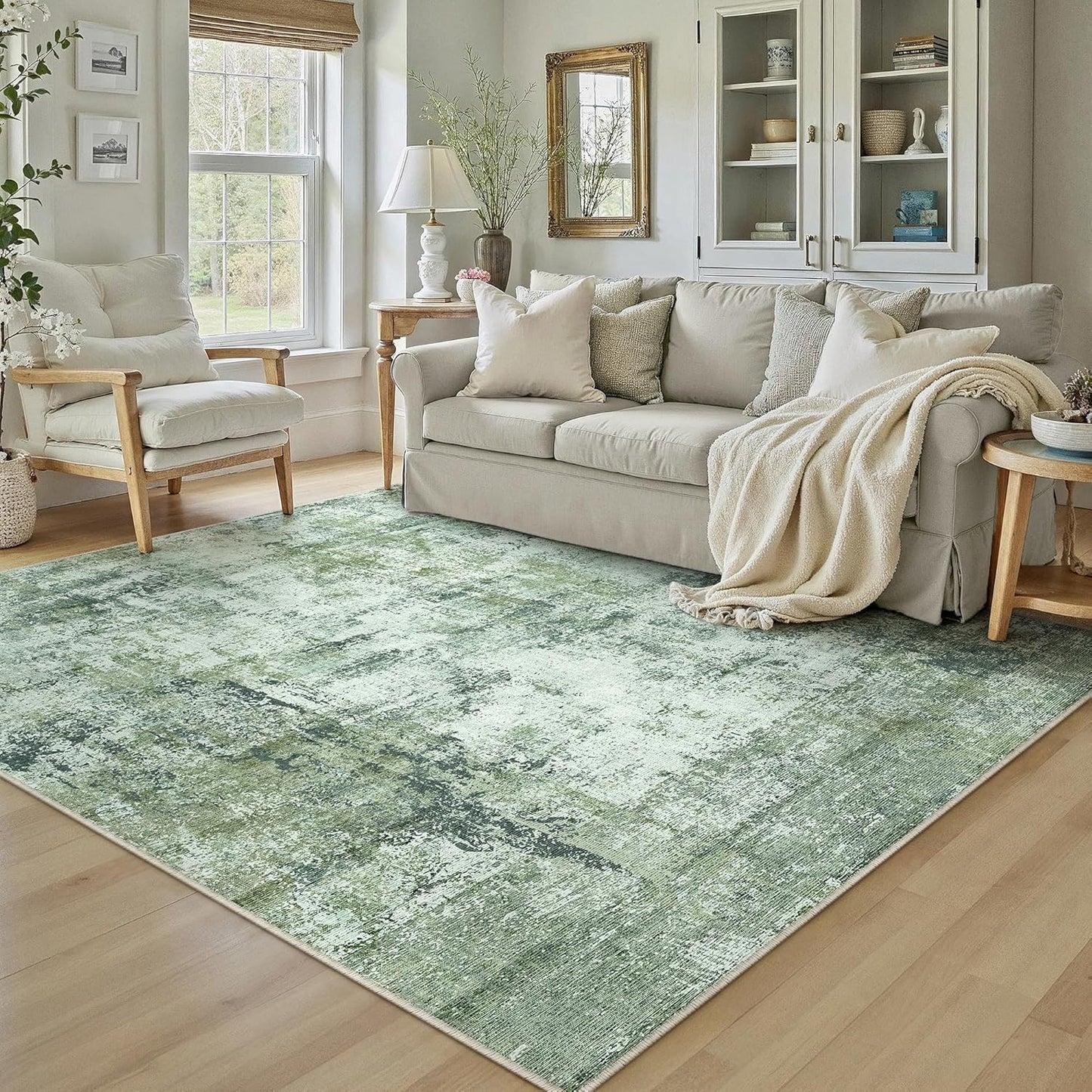 6x9 Washable Area Rug Dark Green Modern Neutral Abstract Living Room Bedroom Indoor Floor Carpet Low Pile Soft Non-Slip Lightweight Vacuumable Throw Rug for Nursery Dining Room Office