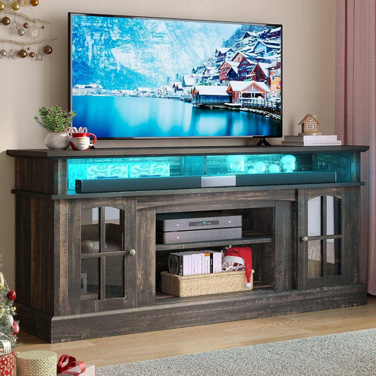 YITAHOME LED Farmhouse TV Stand for 65 Inch w/Outlets, Modern Entertainment Center with Glass Doors and Adjustable Storage Shelves, Media Console TV Cabinet for for Living Room, Dark Rustic Oak