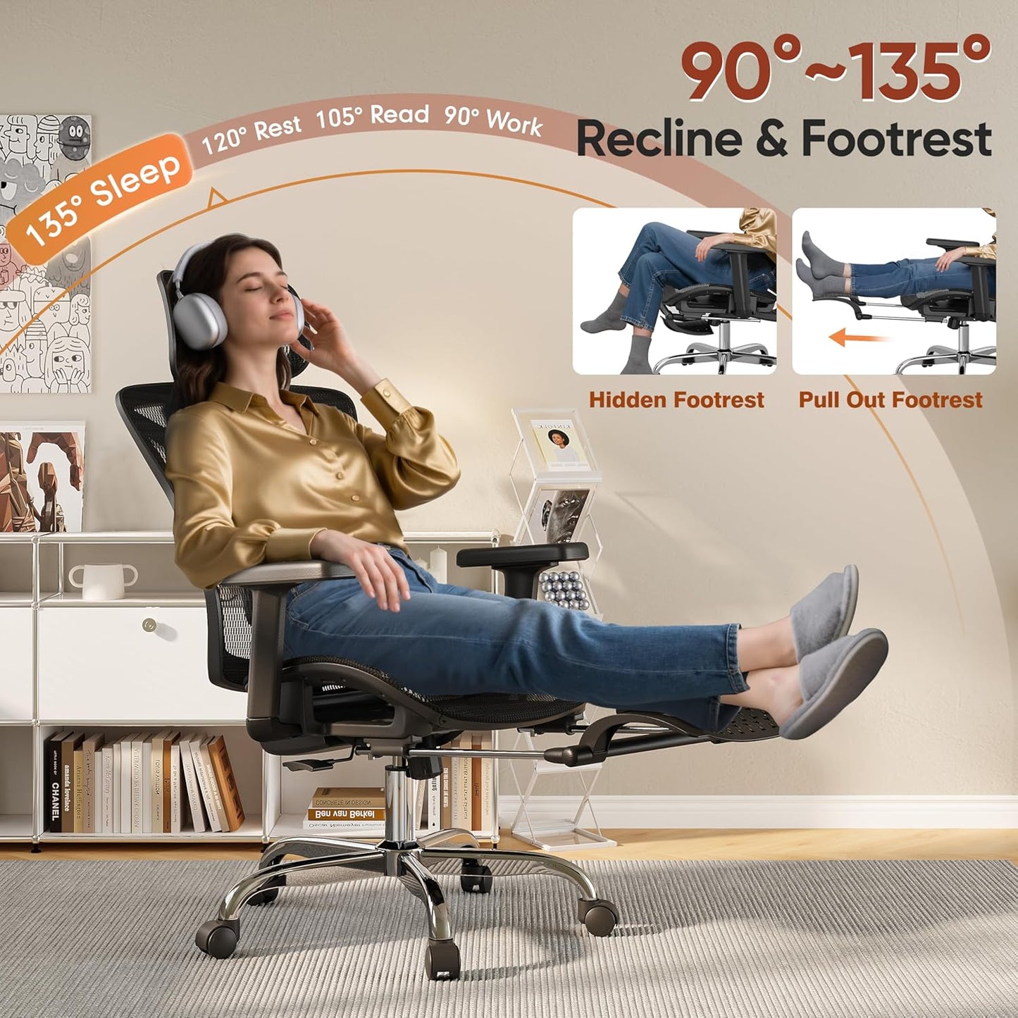 Ergonomic Office Chair with Foot Rest, Home Mesh Desk Chair with Adjustable Lumbar Support, 3D Armrest, 3D Headrest, 90°-135° Lockable Reclining Function, Comfy High Back Swivel Computer Gaming Chairs