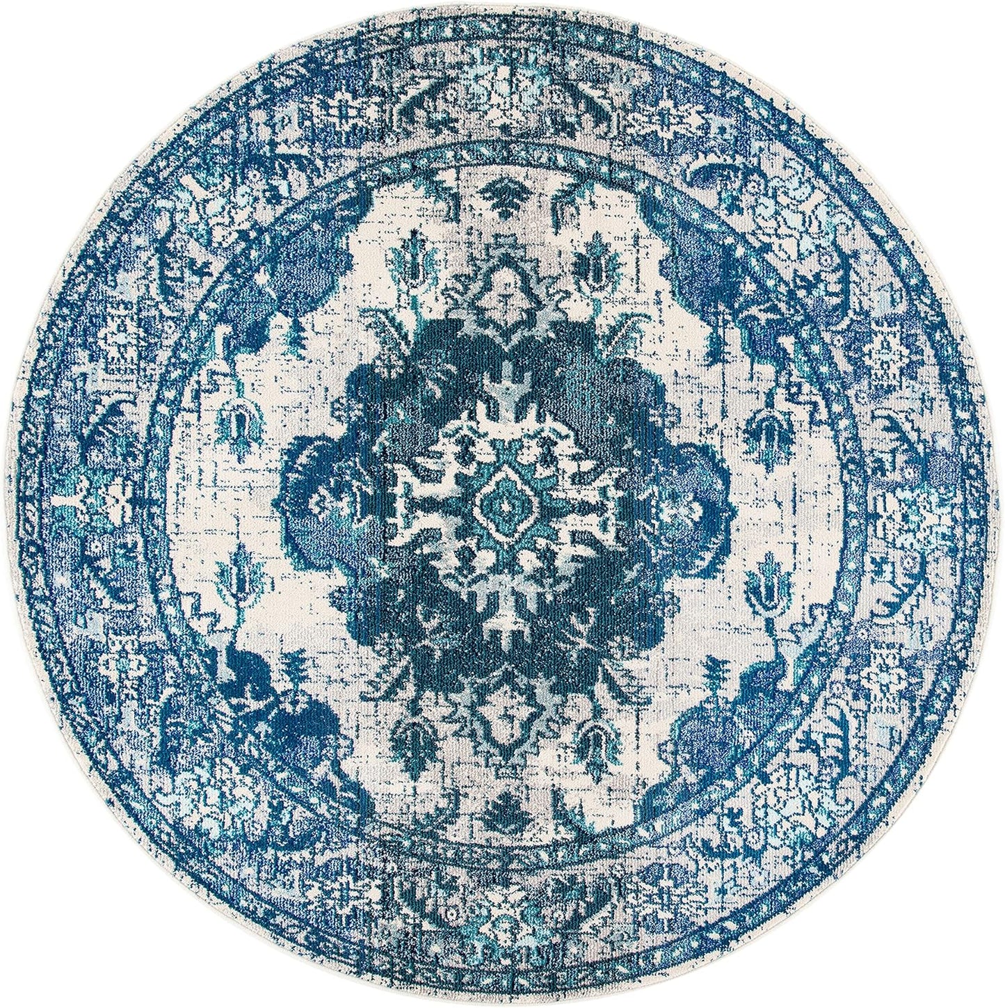 SAFAVIEH Monaco Collection 6'7" Round IvoryBlue MNC243A Boho Chic Medallion Distressed Non-Shedding Living Room Dining Bedroom Foyer Area Rug