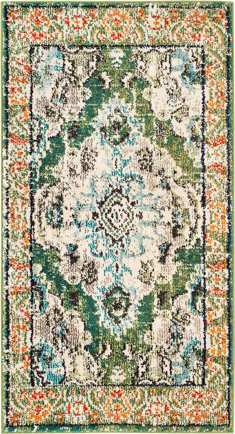 SAFAVIEH Monaco Collection Accent Rug - 2'2" x 4', Forest Green & Light Blue, Boho Medallion Design, Non-Shedding & Easy Care, Ideal for High Traffic Areas in Entryway, Living Room, Bedroom (MNC243F)