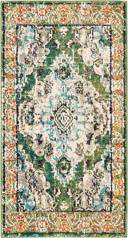 SAFAVIEH Monaco Collection Accent Rug - 2'2" x 4', Forest Green & Light Blue, Boho Medallion Design, Non-Shedding & Easy Care, Ideal for High Traffic Areas in Entryway, Living Room, Bedroom (MNC243F)
