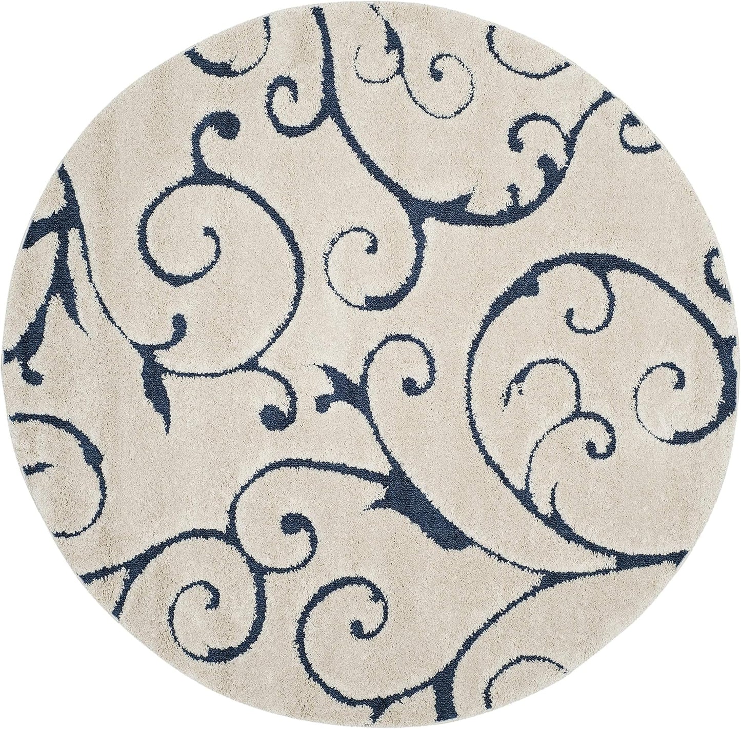 SAFAVIEH Florida Shag Collection 4' Round Cream/Blue SG455 Scrolling Vine Graceful Swirl Textured Non-Shedding Living Room Bedroom Dining Room Entryway Plush 1.2-inch Thick Area Rug