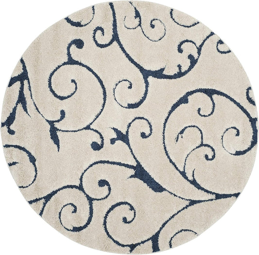 SAFAVIEH Florida Shag Collection 4' Round Cream/Blue SG455 Scrolling Vine Graceful Swirl Textured Non-Shedding Living Room Bedroom Dining Room Entryway Plush 1.2-inch Thick Area Rug