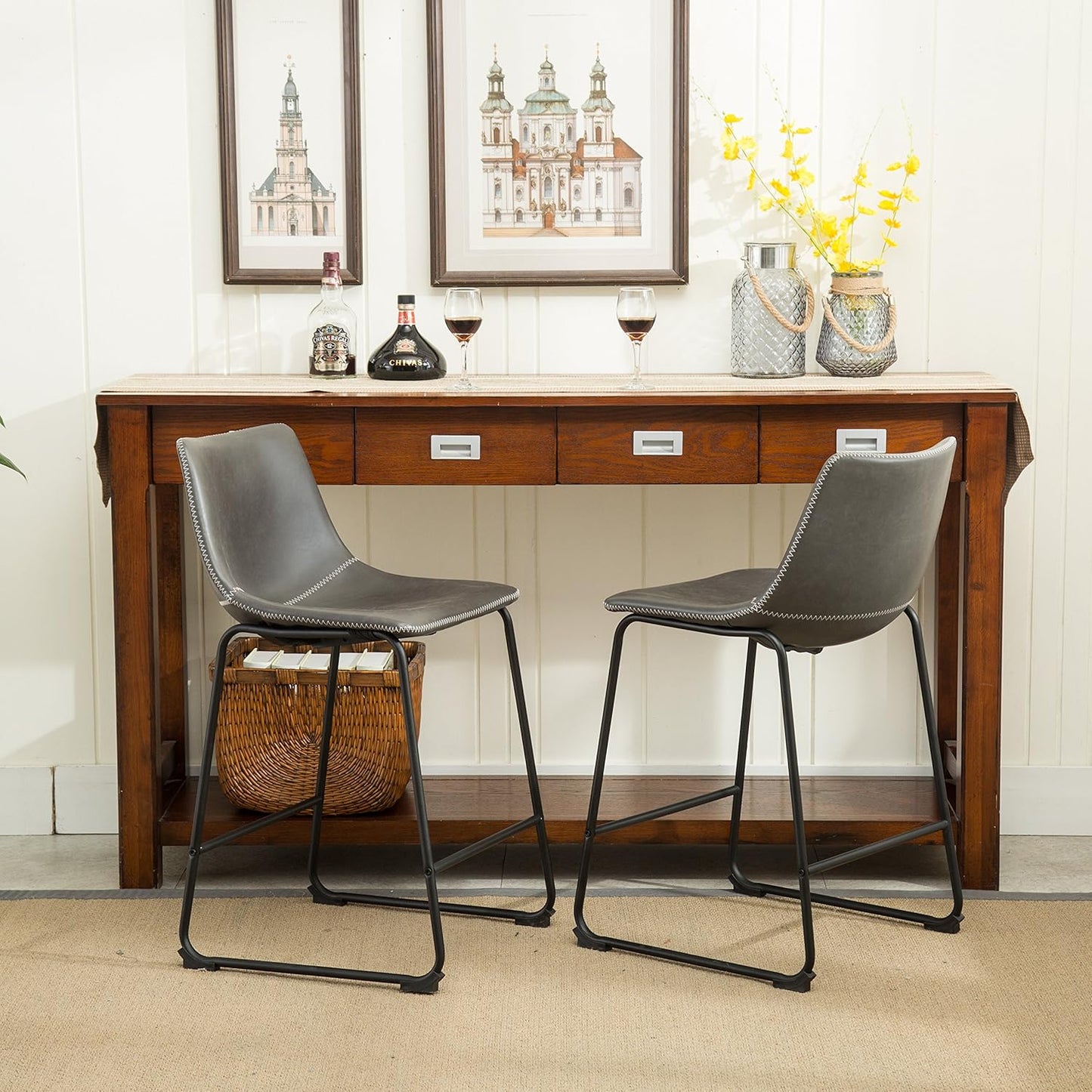 Roundhill Furniture Vintage PU Leather Bar Stools, Antique Gray, Set of 2