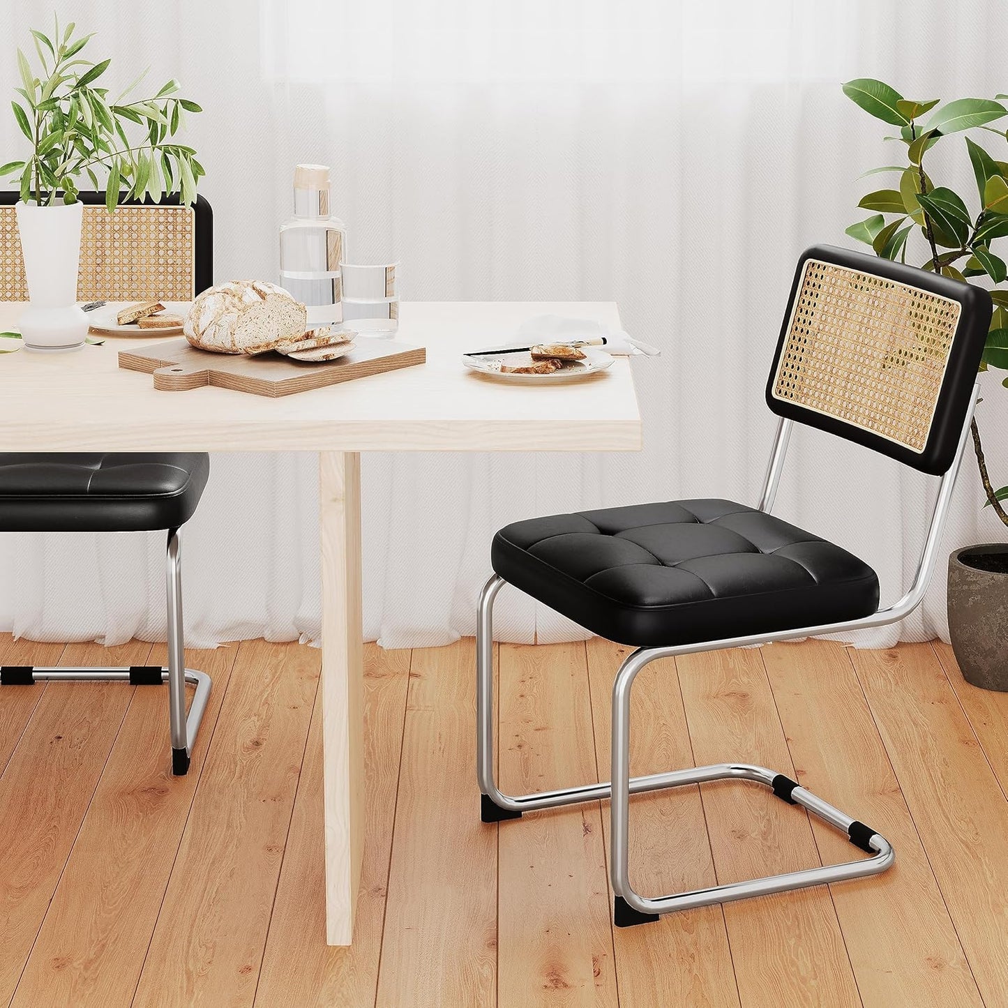 Rattan Dining Chairs Set of 2 Mid Century Modern Kitchen Chairs with Natural Rattan Backrest Oak Frame and Upholstered Pu Seat Chairs with Metal Legs, Black