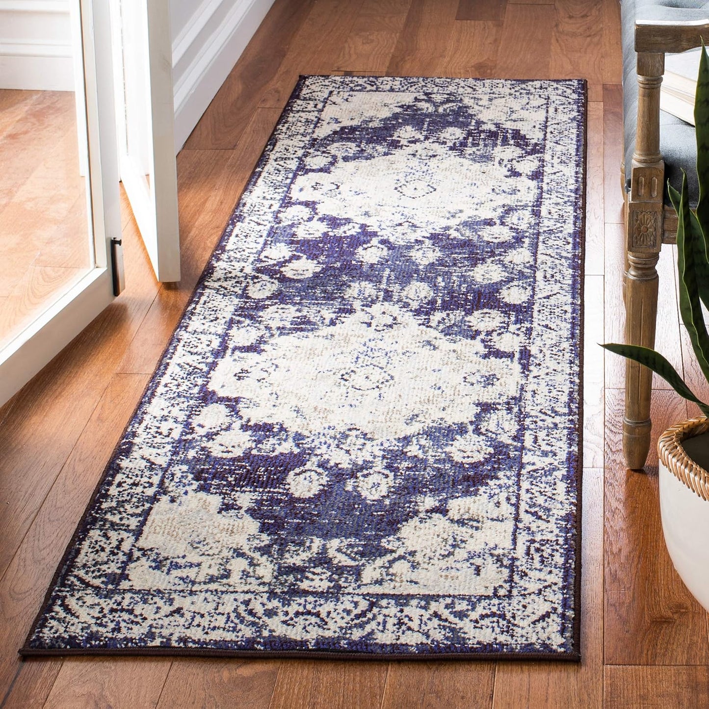 SAFAVIEH Monaco Collection Runner Rug - 2'2" x 8', Ivory & Navy, Boho Chic Medallion Distressed Design, Non-Shedding & Easy Care, Ideal for High Traffic Areas in Living Room, Bedroom (MNC243C)