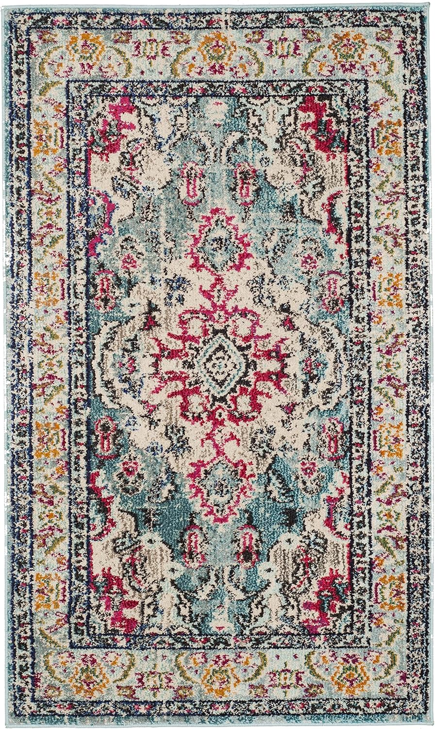 SAFAVIEH Monaco Collection 3' x 5' Light BlueFuchsia MNC243J Boho Chic Medallion Distressed Non-Shedding Living Room Bedroom Accent Rug