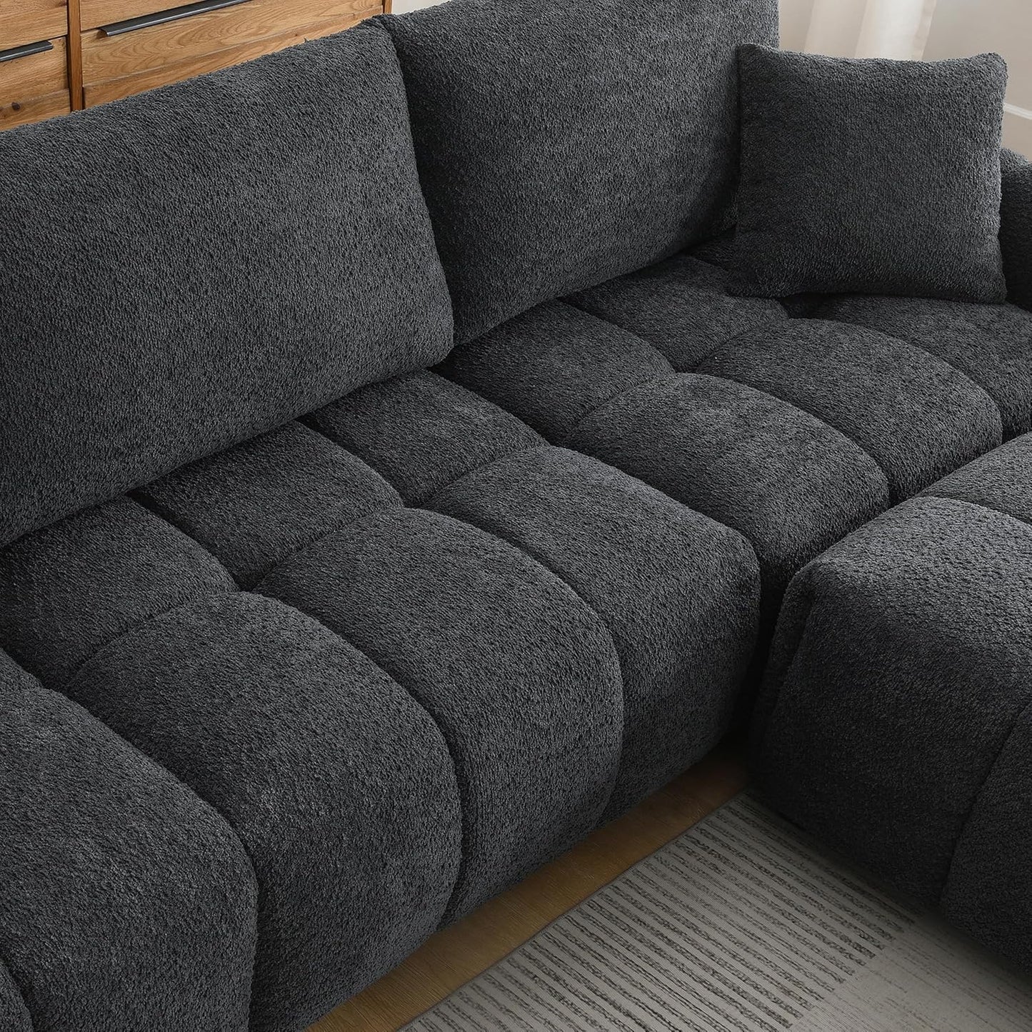 Ball & Cast Modular Sectional Sofa W/Movable Ottoman and 2 Lumbar Pillows,4 Seater L Shaped Couch W/Deep Seat,DIY Combination,Boucle Fabric Upholstered Sofa for Living Room,Apartment,Black+ Gray,110"