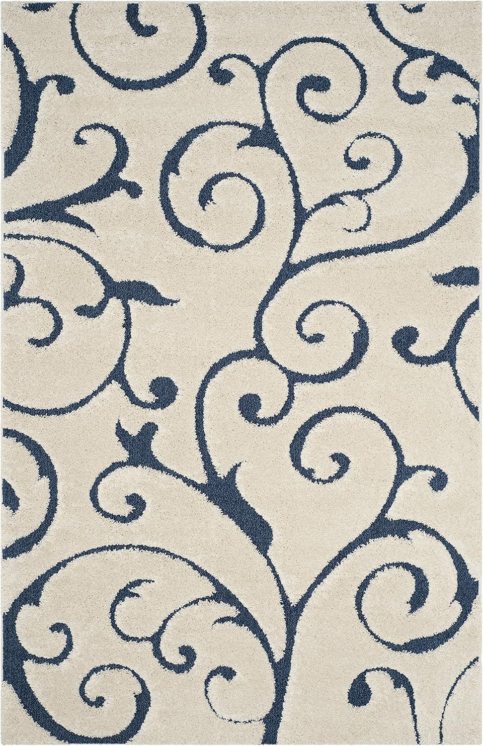 SAFAVIEH Florida Shag Collection Area Rug - 6' x 9', Cream & Blue, Scroll Design, Non-Shedding & Easy Care, 1.2-inch Thick Ideal for High Traffic Areas in Living Room, Bedroom (SG455-1165)