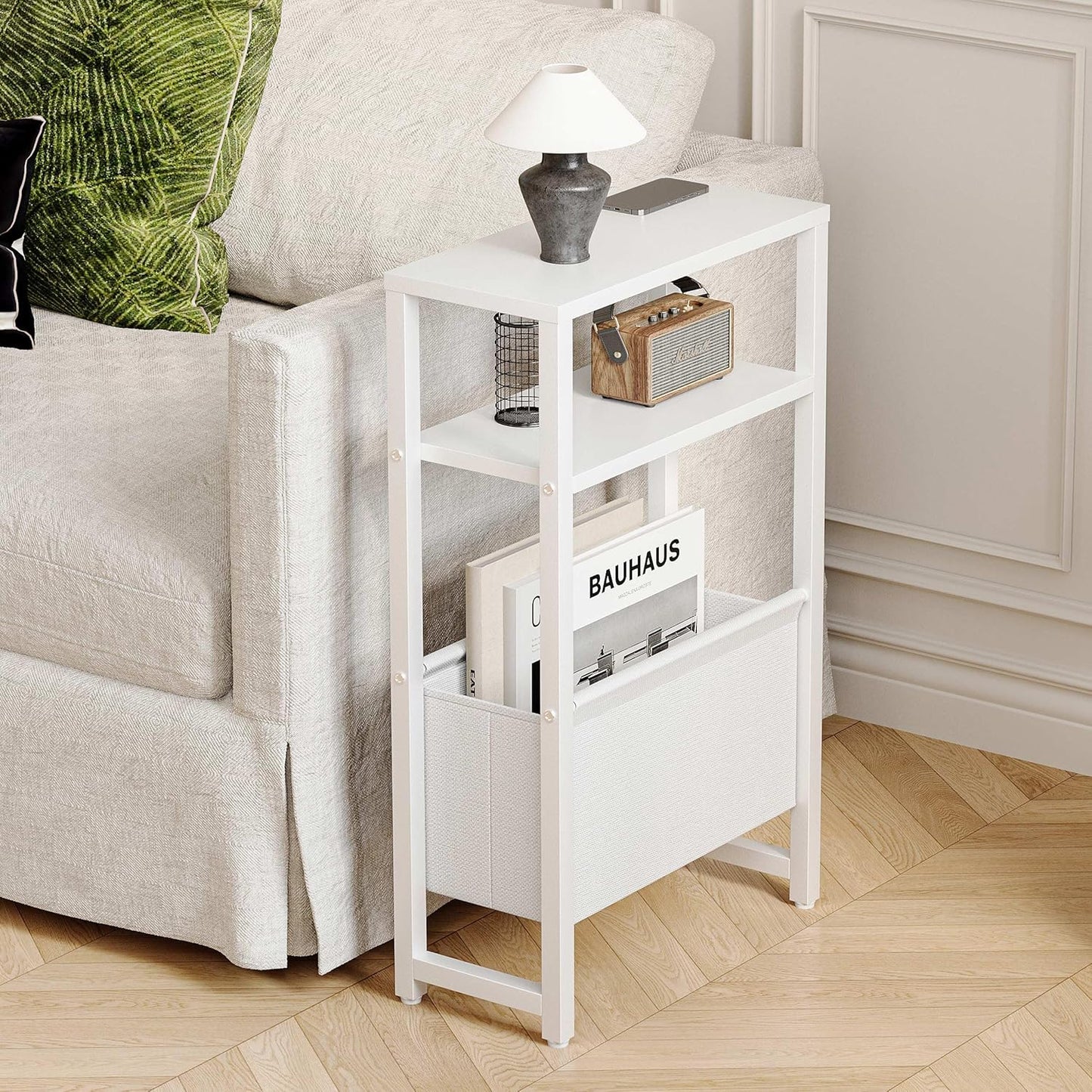 Narrow Side Table, Slim End Table with Magazine Rack, Bedside Table for Small Spaces, 3 Tier Sofa Couch Table Nightstand for Living Room, Bedroom, White LET503W