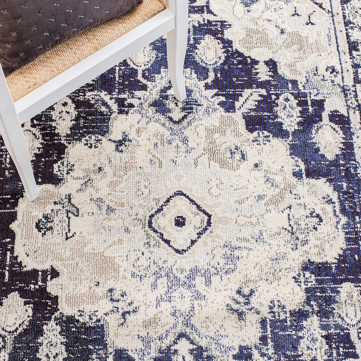 SAFAVIEH Monaco Collection Accent Rug - 3' x 5', Ivory & Navy, Boho Chic Medallion Distressed Design, Non-Shedding & Easy Care, Ideal for High Traffic Areas in Entryway, Living Room, Bedroom (MNC243C)