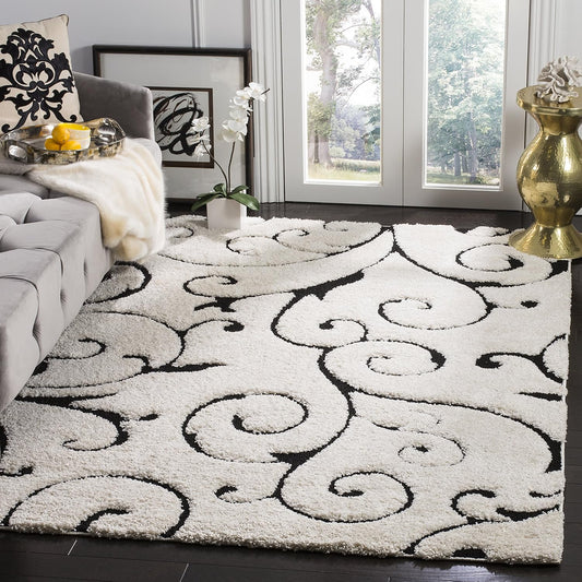 SAFAVIEH Florida Shag Collection Area Rug - 5'3" x 7'6", Ivory & Black, Scroll Design, Non-Shedding & Easy Care, 1.2-inch Thick Ideal for High Traffic Areas in Living Room, Bedroom (SG455-1290)